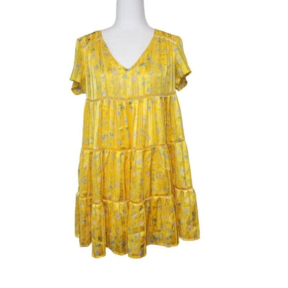 Urban Outfitters Dress Womens Extra Small Yellow Pippa Tiered Floral Boho Ladies - Picture 1 of 13